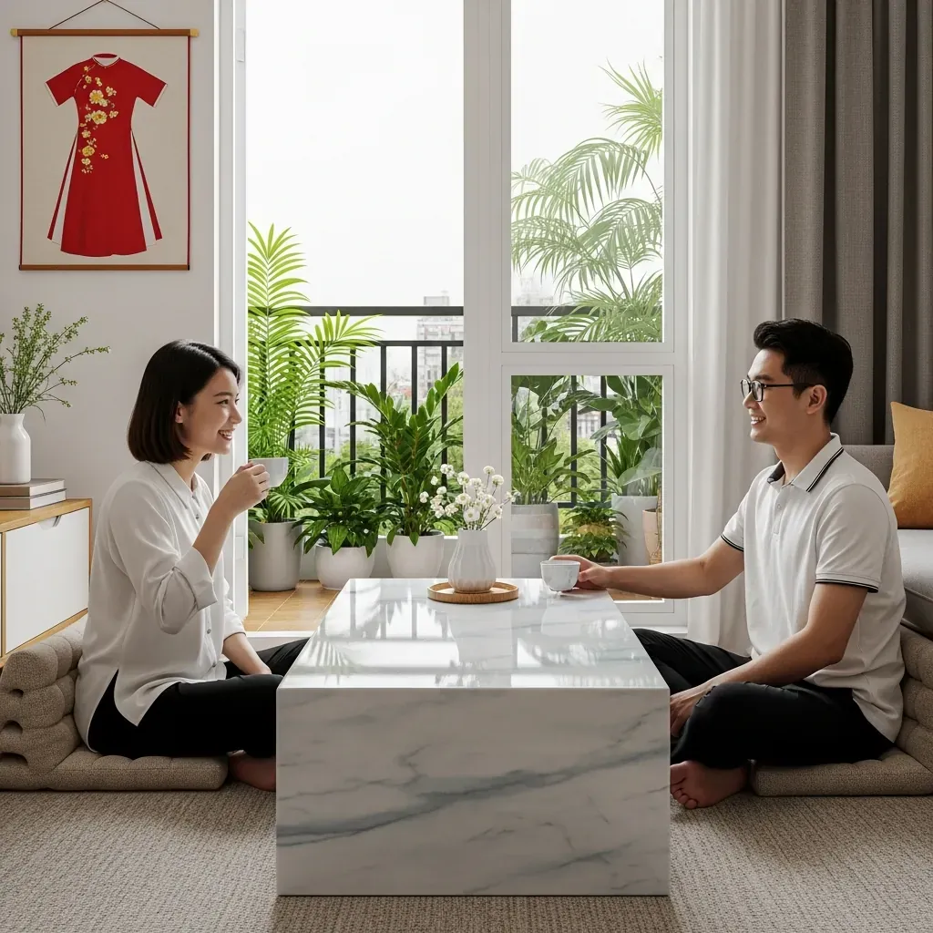 Bàn trà mặt đá ceramic vân mây nhẹ nhàng trong căn hộ nhỏ kiểu Việt Nam.