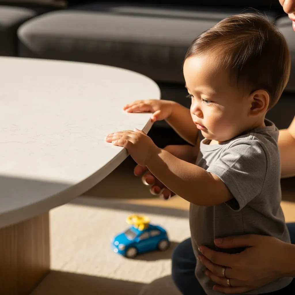 Em bé Việt chơi gần bàn trà mặt đá thạch anh bo góc tròn an toàn tuyệt đối.