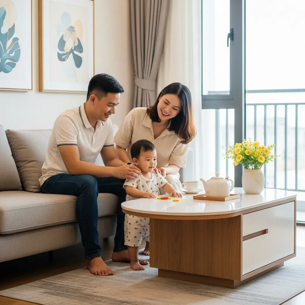 Gia đình trẻ Việt Nam an tâm bên bàn trà mặt đá thạch anh bo góc, thay thế bàn kính nguy hiểm.