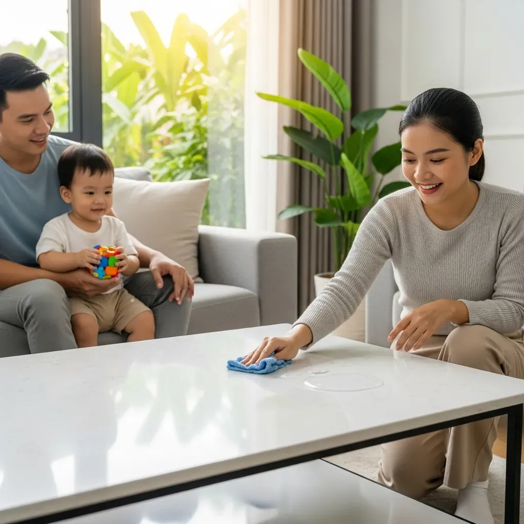 Gia đình Việt với bàn trà mặt đá thạch anh, mẹ lau vết nước dễ dàng, trẻ an toàn.