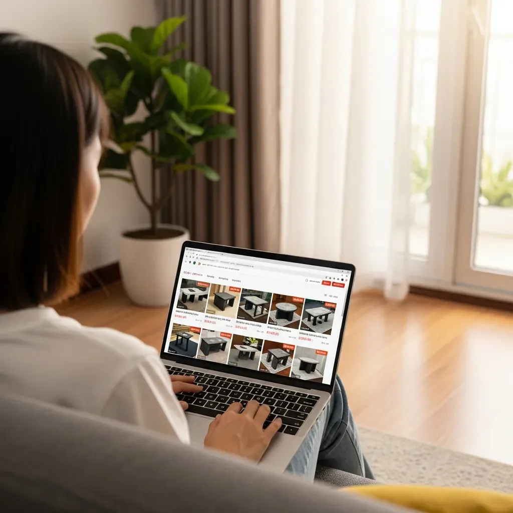 Người phụ nữ Việt trẻ đang duyệt mua bàn trà mặt đá trực tuyến trên laptop.