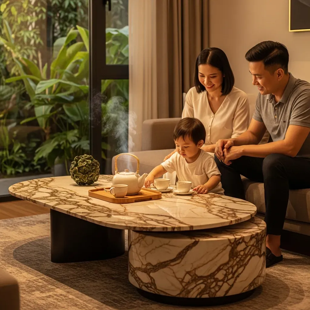 Phòng khách gia đình Việt với bàn trà mặt đá sang trọng, ấm trà nóng và trẻ em chơi an toàn.