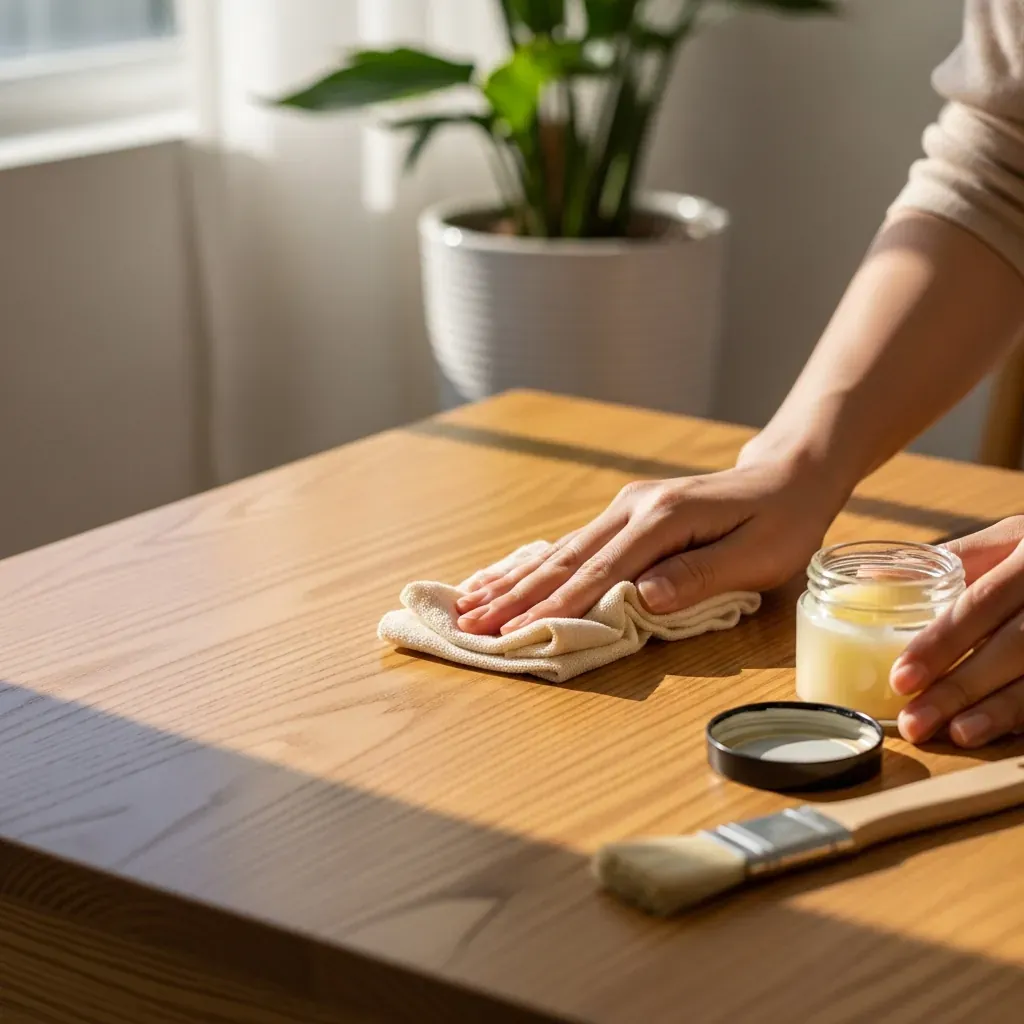 Bàn tay thoa dầu dưỡng lên mặt bàn gỗ, làm nổi vân gỗ ấm áp.