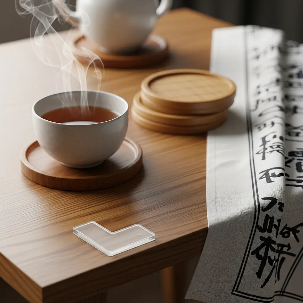 Bàn trà với đế lót ly, khăn trải mỏng kiểu Nhật và miếng bọc góc silicon.
