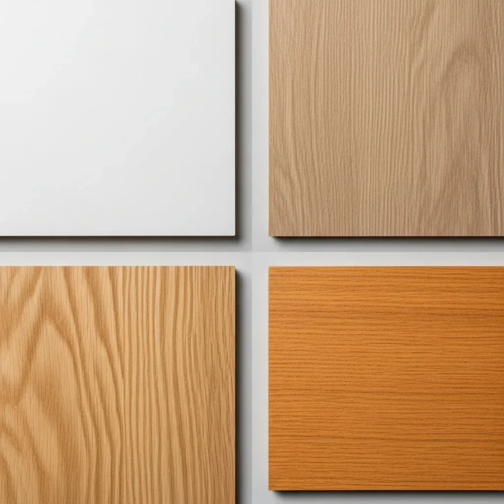 Bốn mẫu mặt bàn: melamine trắng, laminate vân gỗ, gỗ sồi sáng, gỗ cao su ấm.