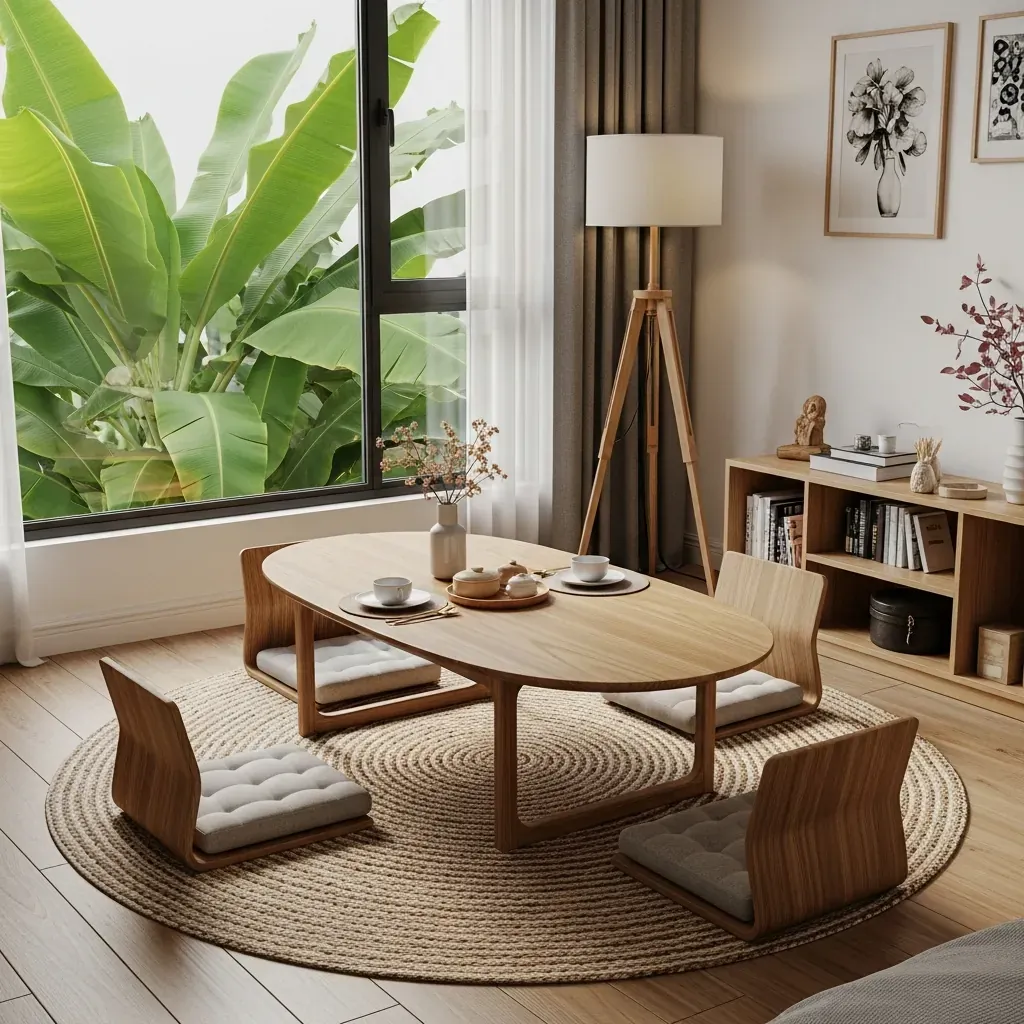 Căn hộ studio 45m² tại Hà Nội với bàn oval gỗ cao su, thảm tròn và đèn sàn.