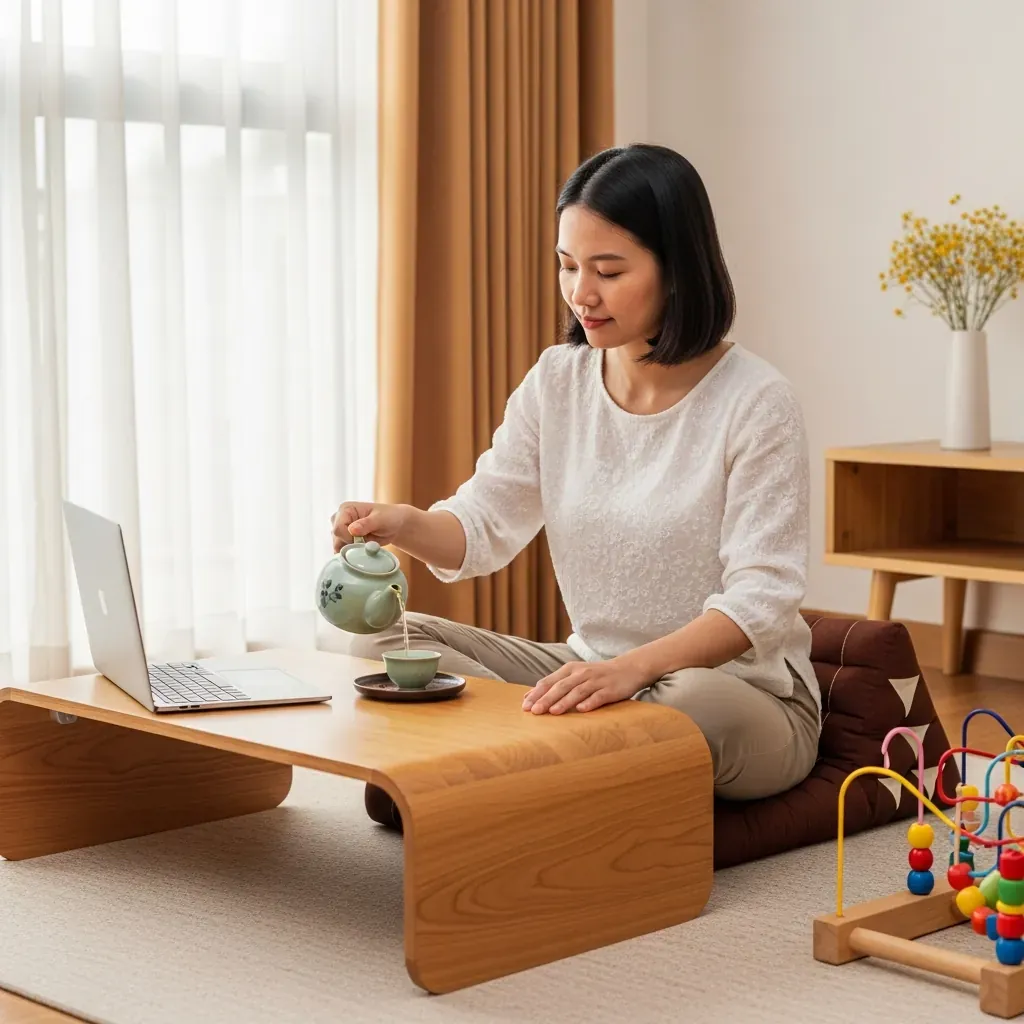 Cô gái Việt ngồi bệt rót trà, máy tính và đồ chơi trẻ em bên cạnh bàn thấp.