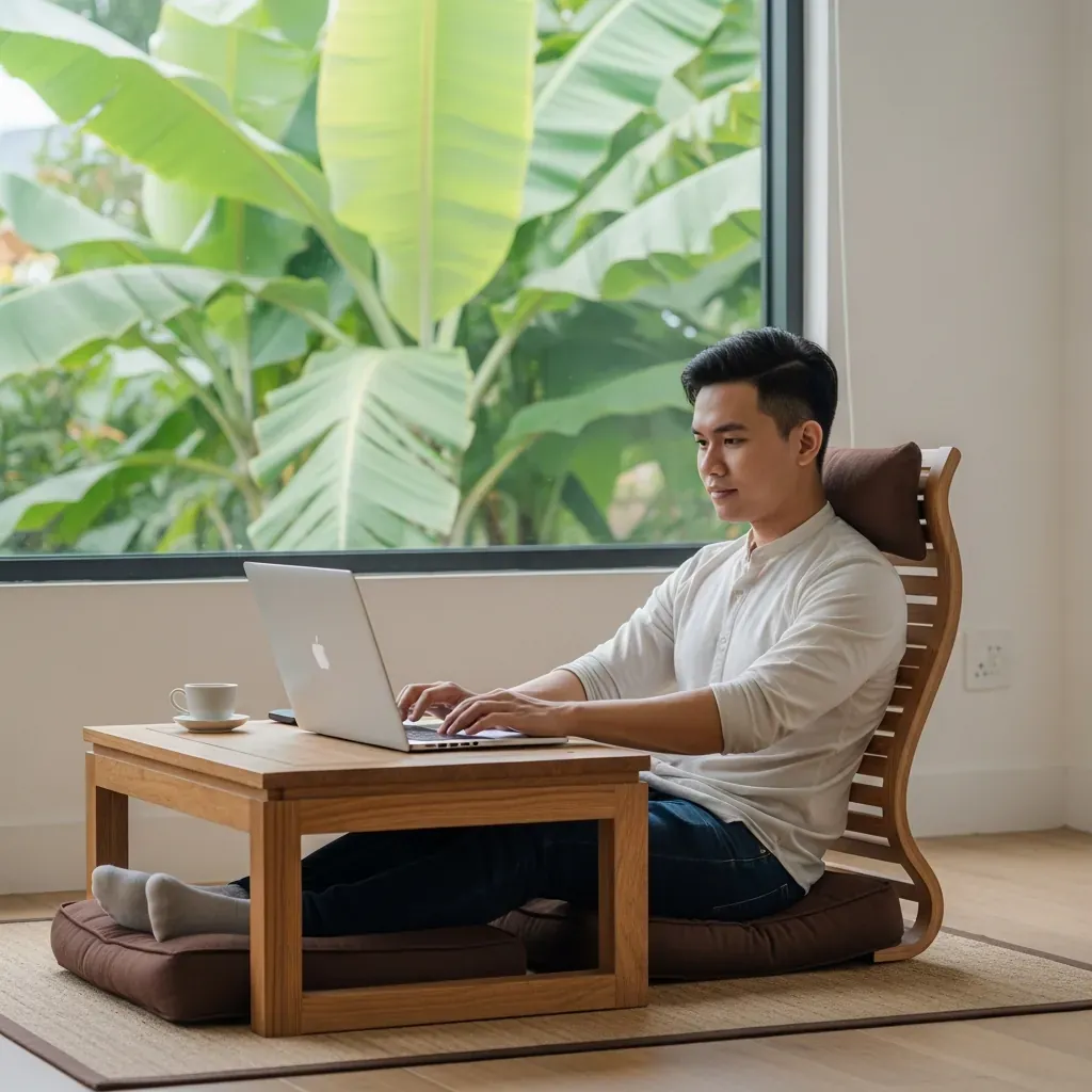 Nam thanh niên ngồi ghế Zaisu tựa lưng, đệm Zabuton, làm việc laptop bên bàn trà thấp.