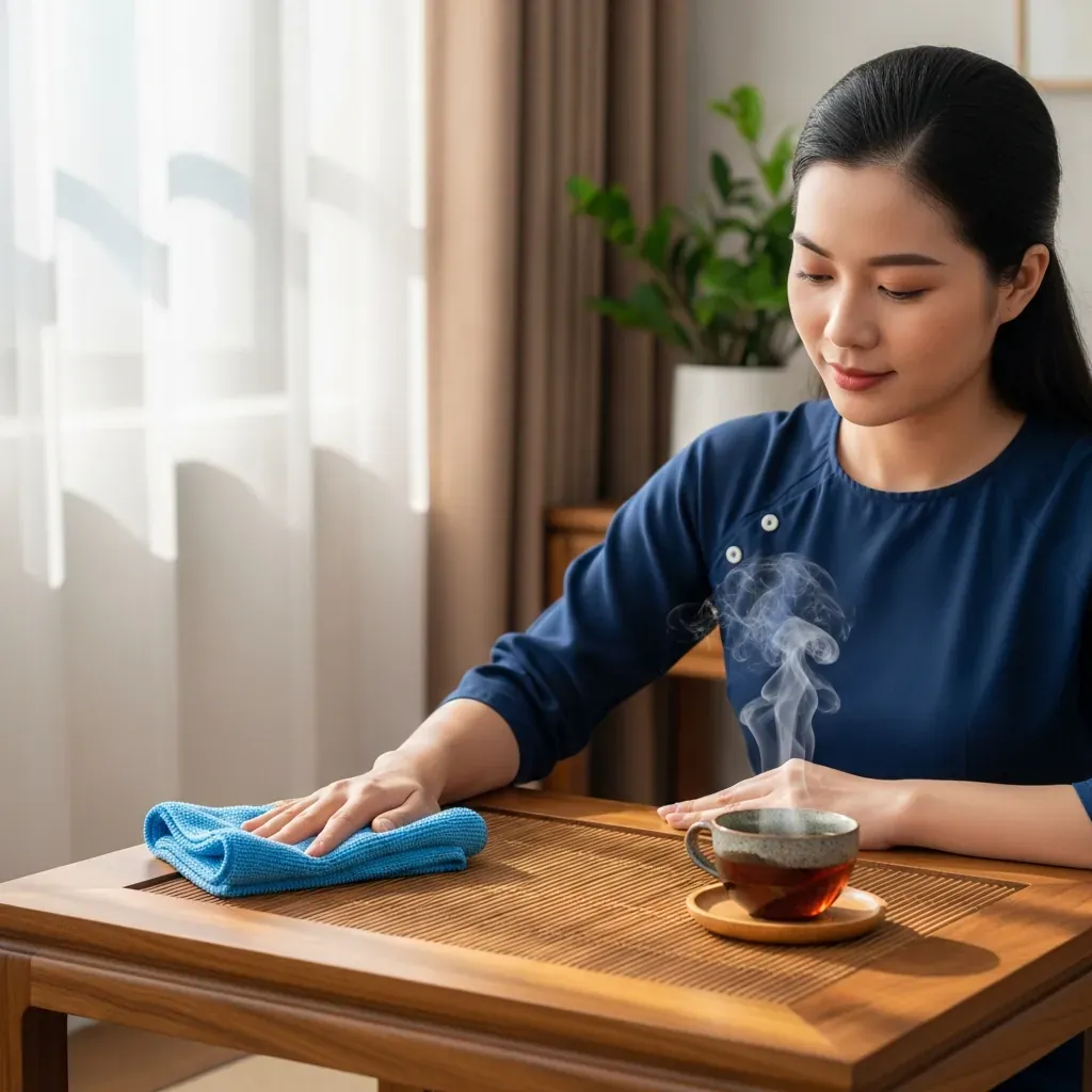 Người phụ nữ lau mặt bàn trà bằng khăn mềm khô, tách trà trên đế lót ly.