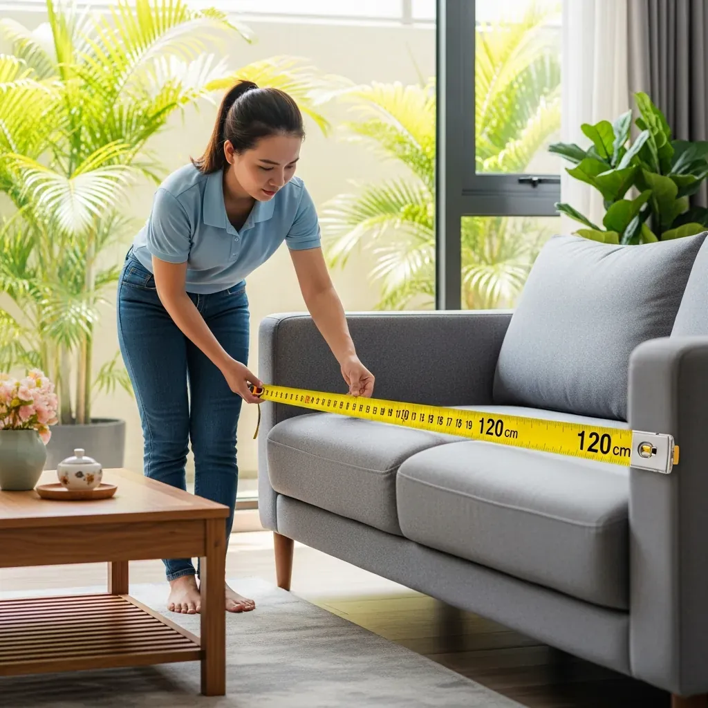 Người phụ nữ Việt đo chiều dài sofa bằng thước dây, bàn trà Nhật thấp bên cạnh.