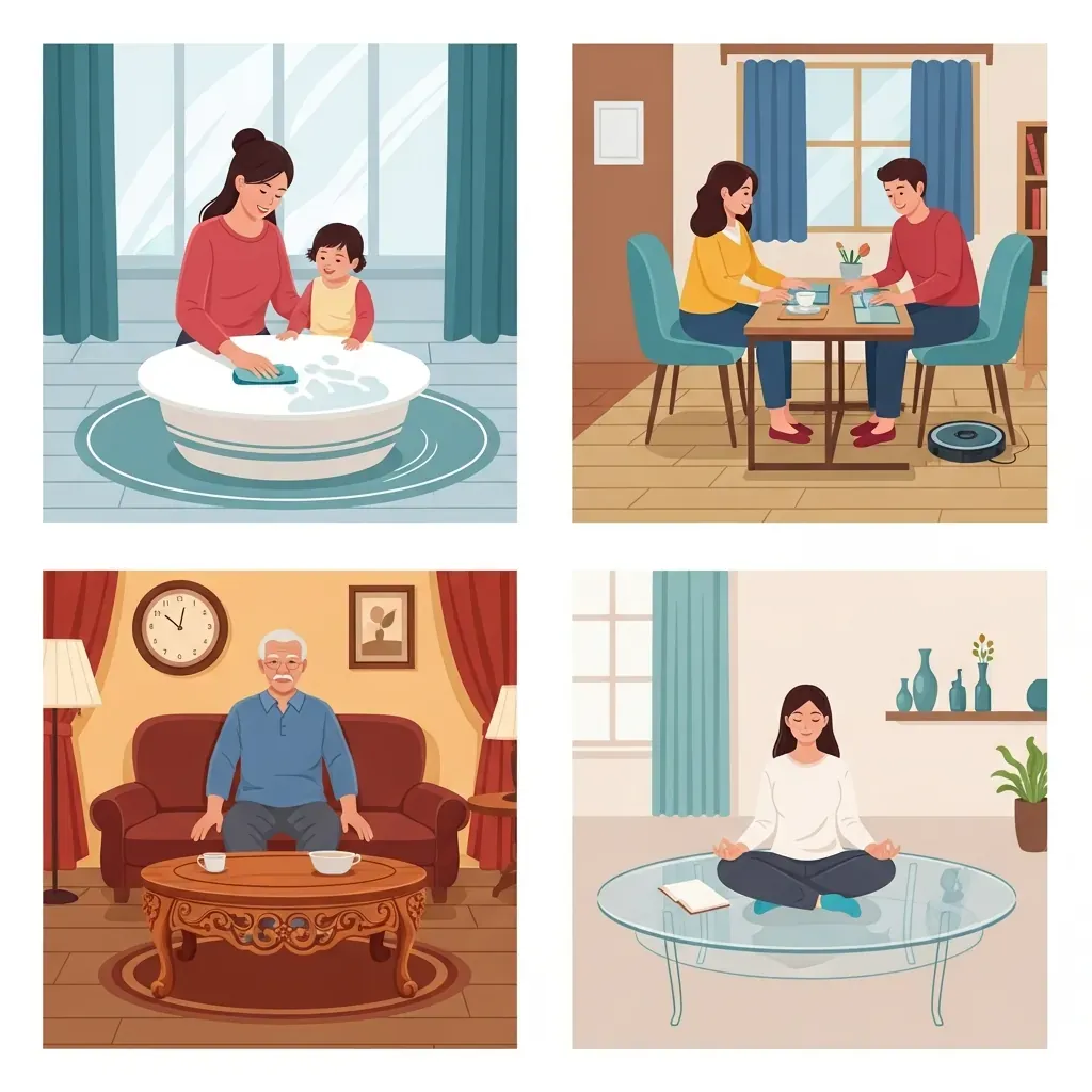 Bốn cảnh khác nhau minh họa các kiểu người dùng chọn bàn trà: gia đình trẻ, cặp đôi studio, cổ điển, tối giản