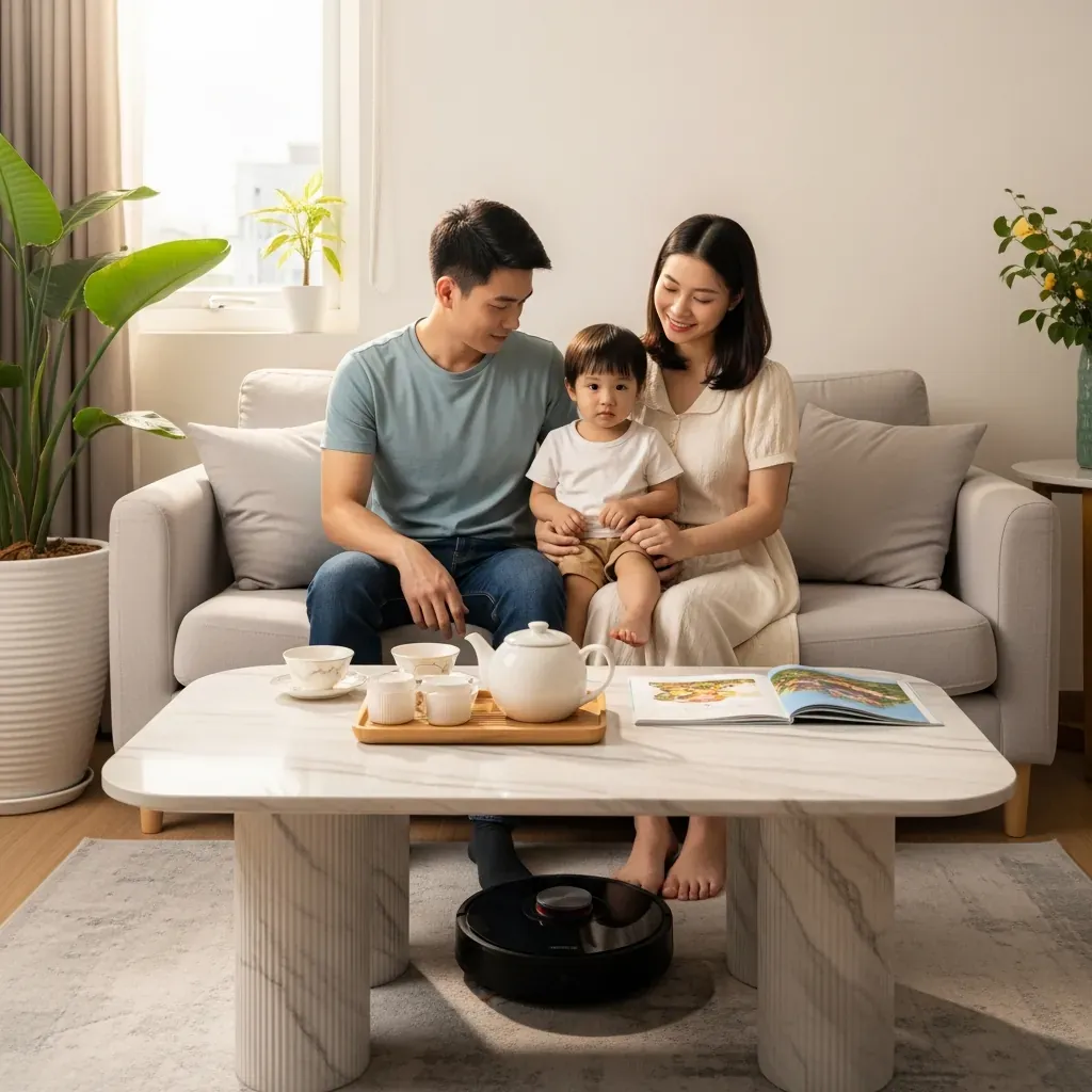 Gia đình trẻ Việt Nam trong căn hộ nhỏ, bên bàn trà mặt đá ceramic ưng ý