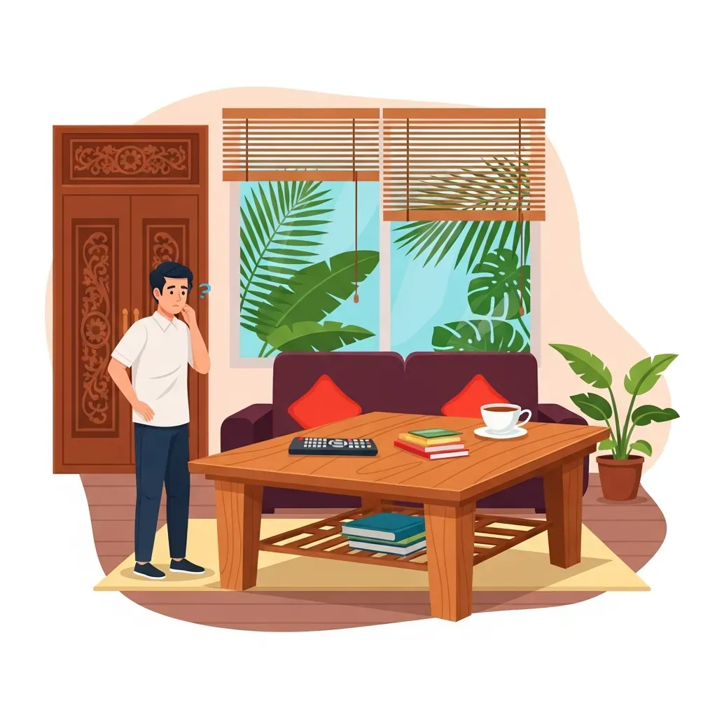 Minh họa hài hước về người đàn ông Việt Nam với chiếc bàn trà quá khổ so với ghế sofa