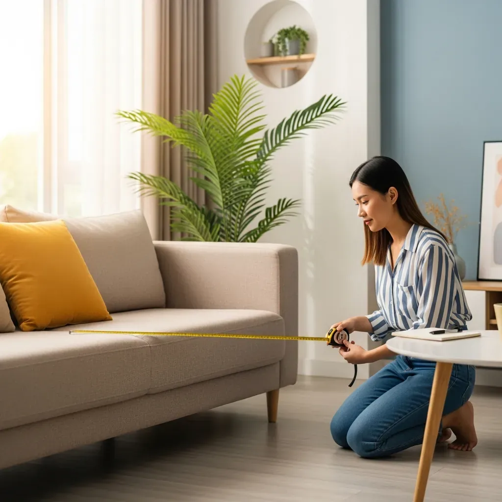 Phụ nữ Việt Nam đang đo ghế sofa bằng thước dây trong phòng khách hiện đại