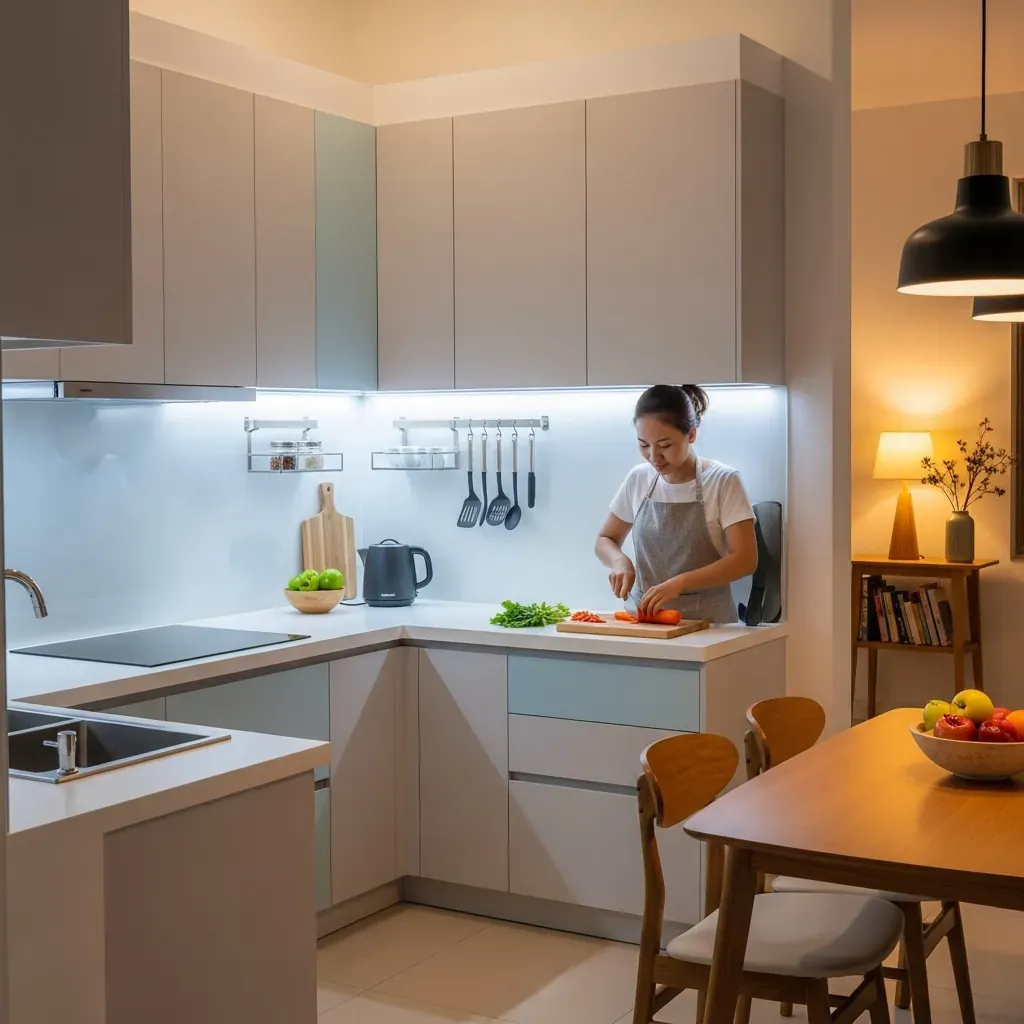 Bếp chữ L được chiếu sáng bằng đèn LED dưới tủ và đèn thả ấm áp.