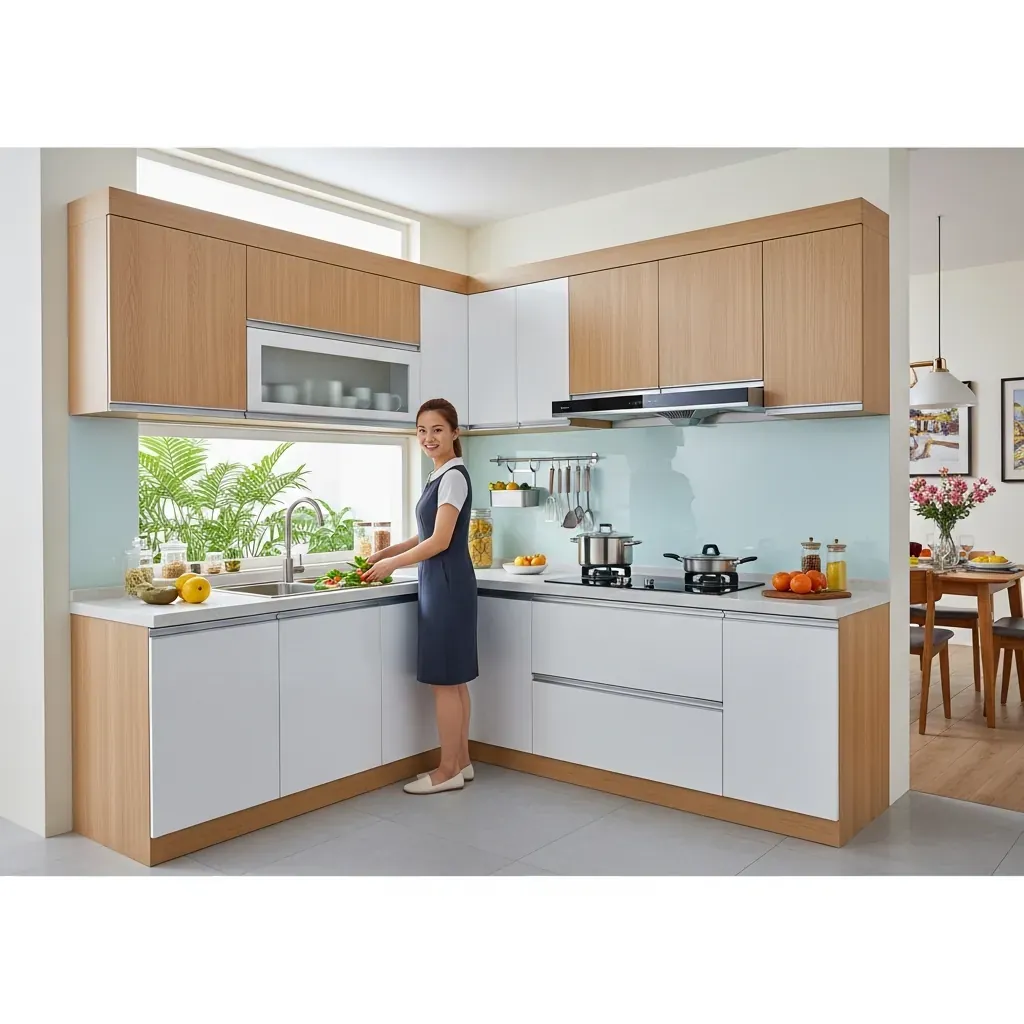 Bếp chữ L hiện đại trong căn hộ Việt Nam với hệ tủ gỗ sáng màu và người phụ nữ đang sử dụng bồn rửa.