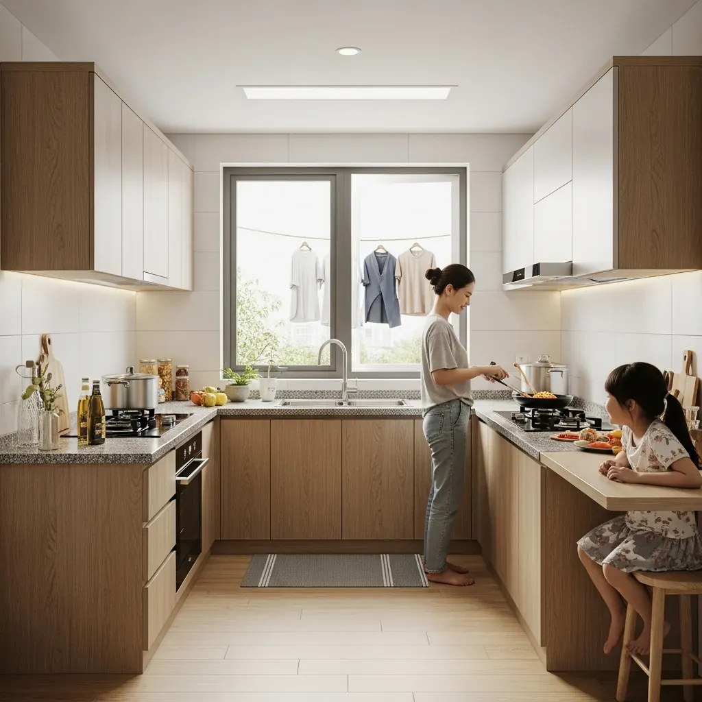 Căn bếp chữ L thực tế với gia đình Việt đang sử dụng, phân khu rõ ràng.