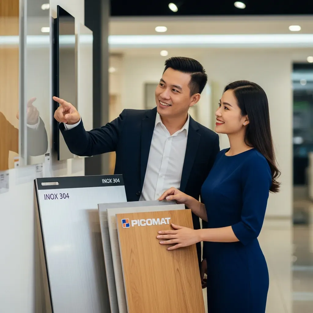 Cặp vợ chồng Việt đang lựa chọn vật liệu tủ bếp tại showroom.