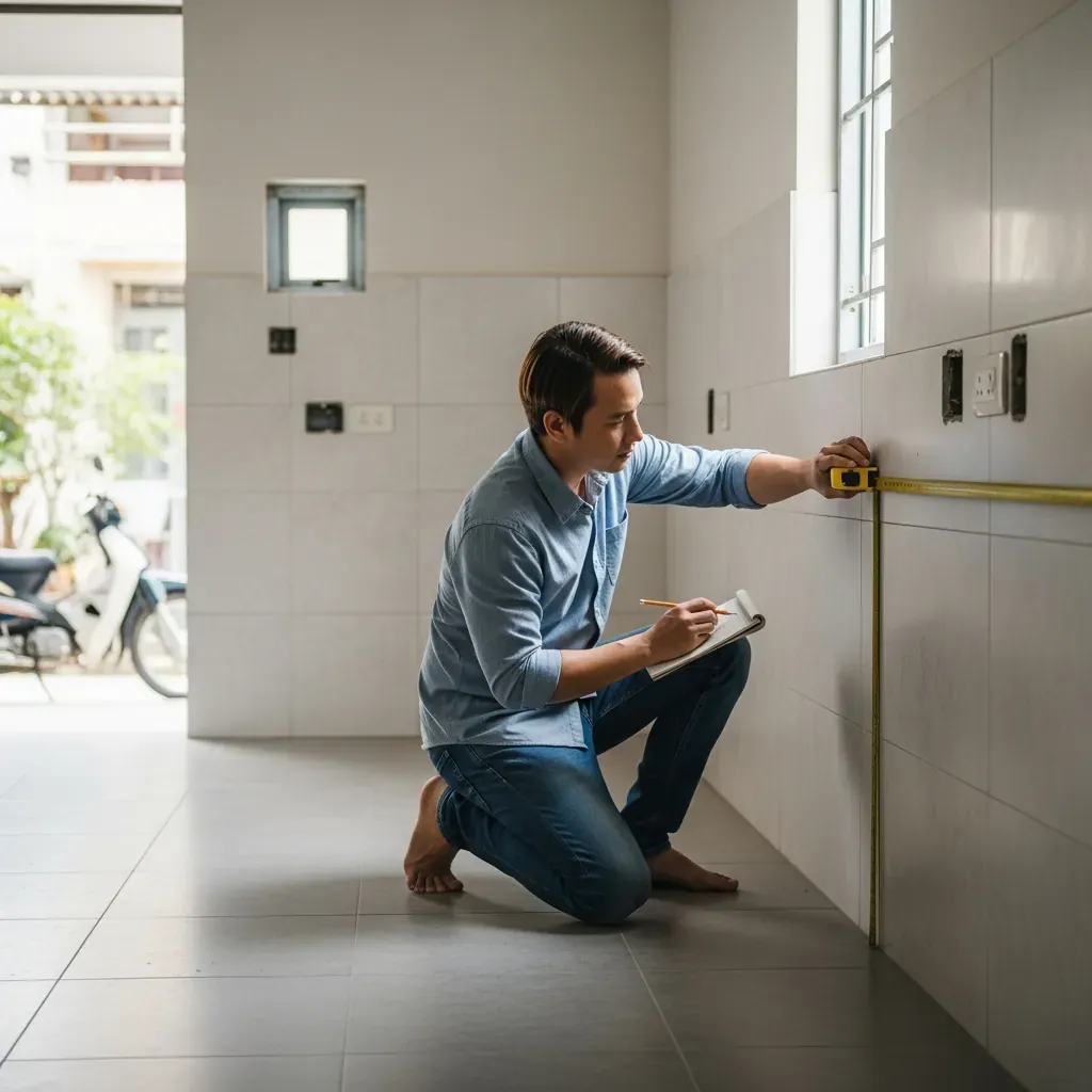 Người đàn ông Việt Nam đang đo đạc không gian bếp bằng thước dây.