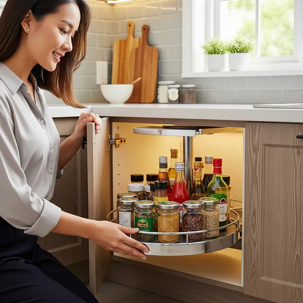 Người phụ nữ Việt mở tủ góc bếp có mâm xoay sắp xếp đồ gia vị.