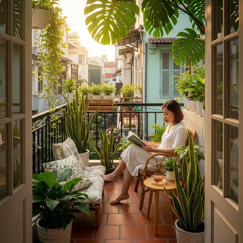 Ban công nhà phố Việt Nam nhỏ tràn ngập cây xanh, một phụ nữ đang thư giãn đọc sách dưới nắng chiều.
