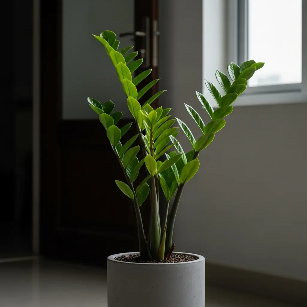 Cây Phát Tài Núi lá xanh bóng trong chậu xi măng ở góc thiếu sáng.