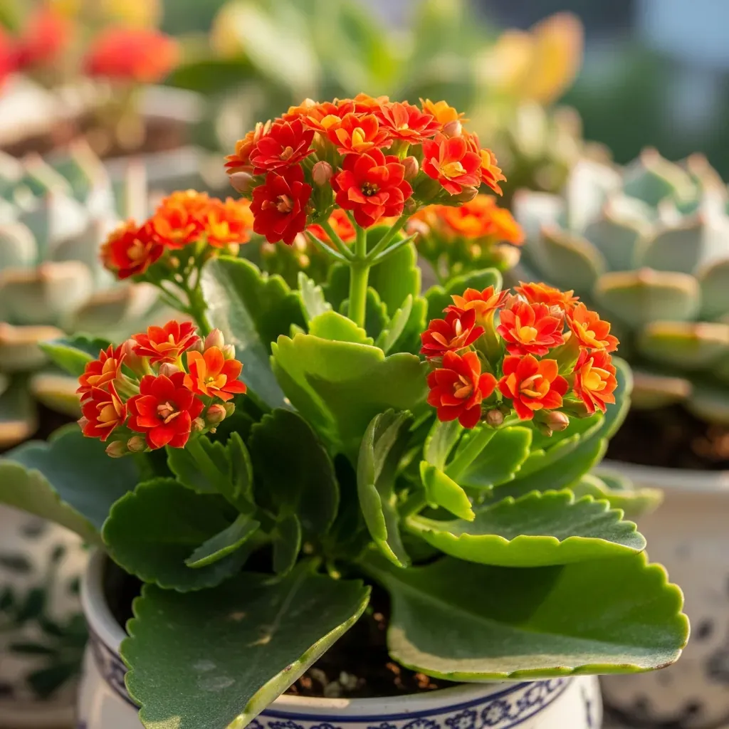 Cây Sống Đời ra hoa đỏ cam rực rỡ trong chậu sứ trên ban công.