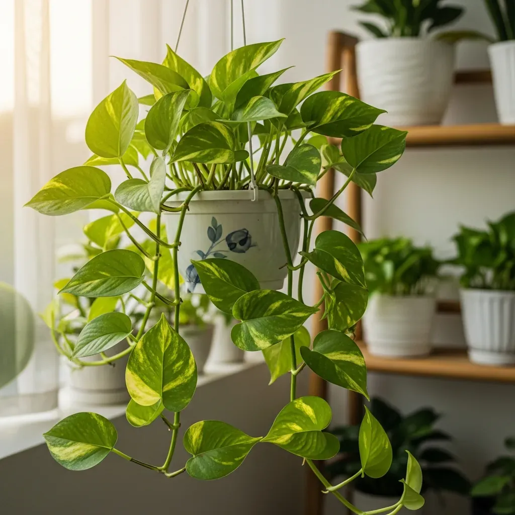 Dây Trầu Bà lá xanh vàng rủ xuống từ chậu treo trên ban công.