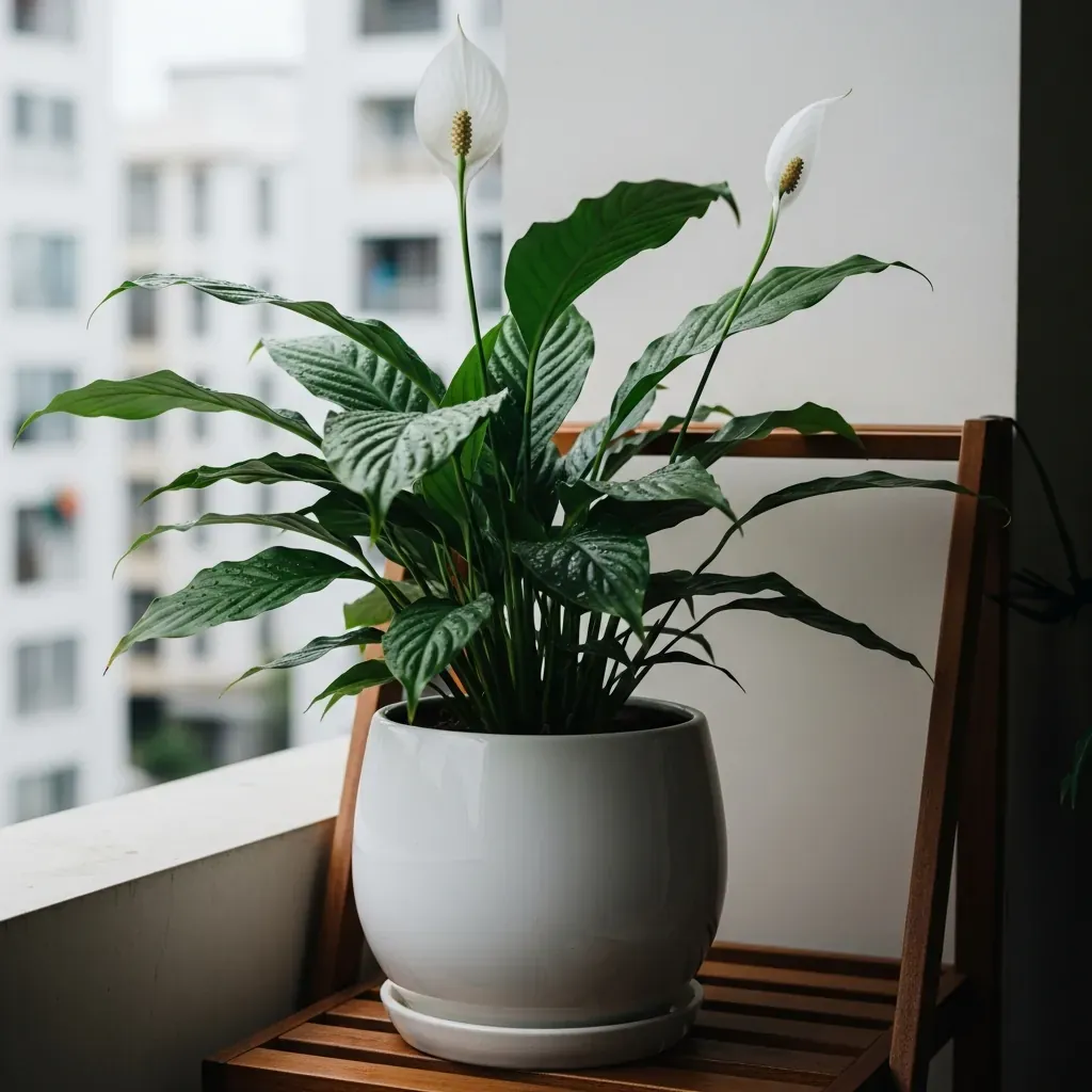 Lan Ý với lá xanh bóng và hoa trắng muốt trên kệ gỗ ban công.