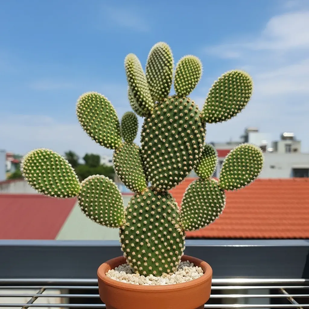 Xương Rồng Tai Thỏ với các đốt dẹt phủ chấm trắng trong chậu đất nung.