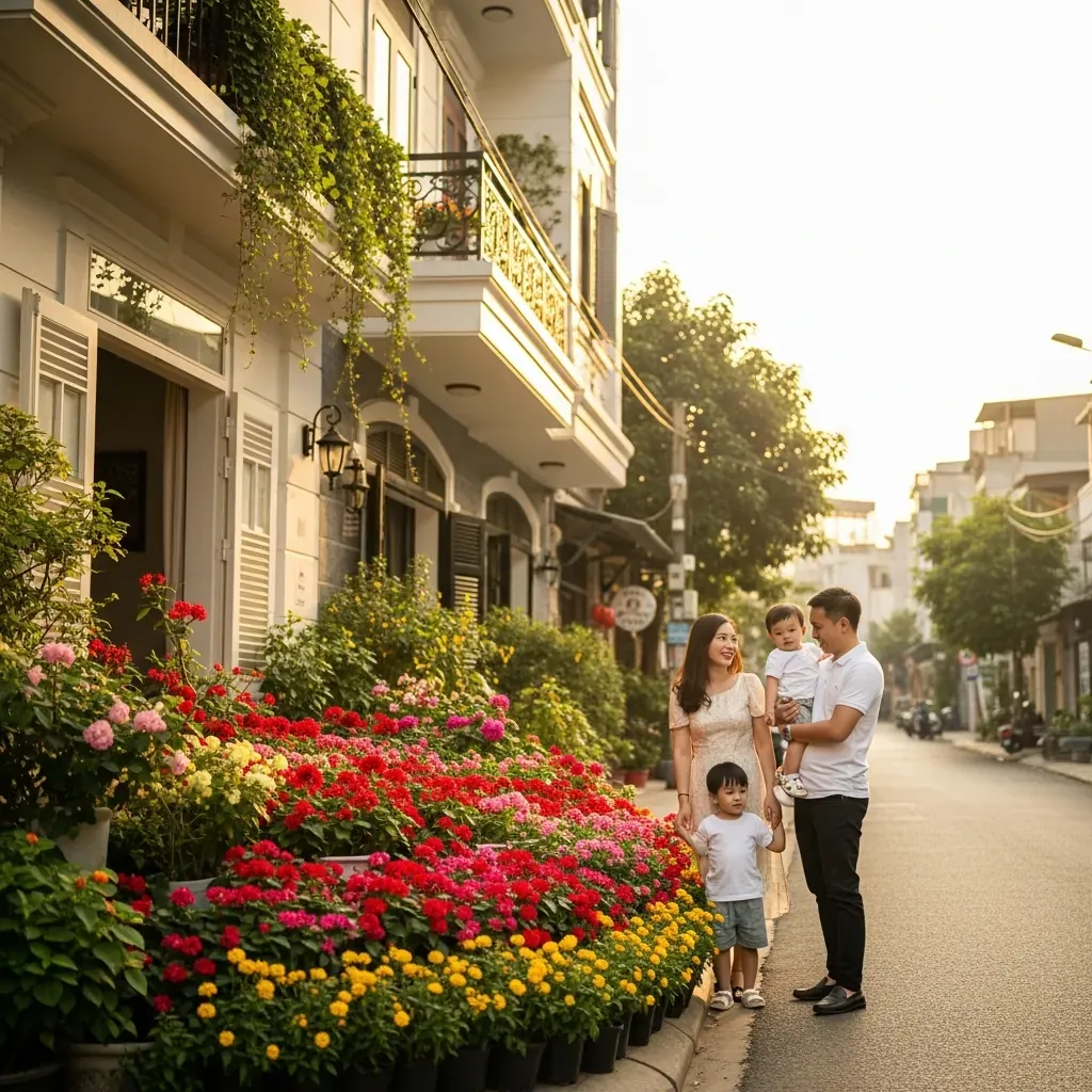 Gia đình Việt Nam hạnh phúc đứng trước ngôi nhà có bồn hoa rực rỡ.