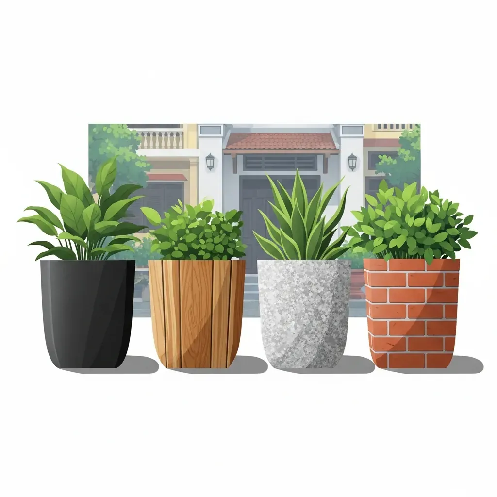 So sánh bồn hoa bằng các chất liệu composite, gỗ, đá, gạch.