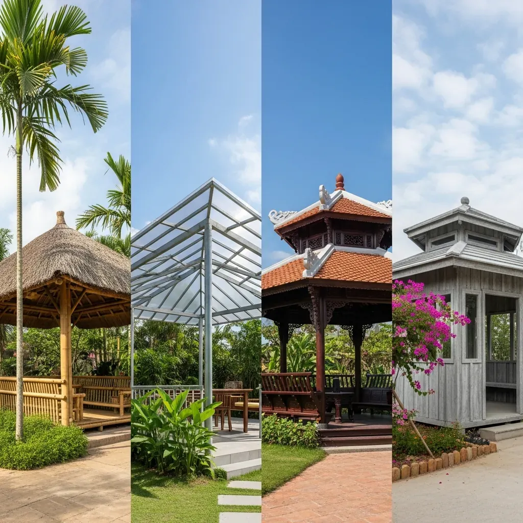 Bốn kiểu chòi lục giác so sánh vật liệu: tre, thép, gỗ lim, bê tông sơn giả gỗ.