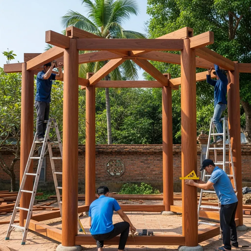 Công nhân lắp ráp khung gỗ lục giác, kiểm tra góc 60 độ chính xác.