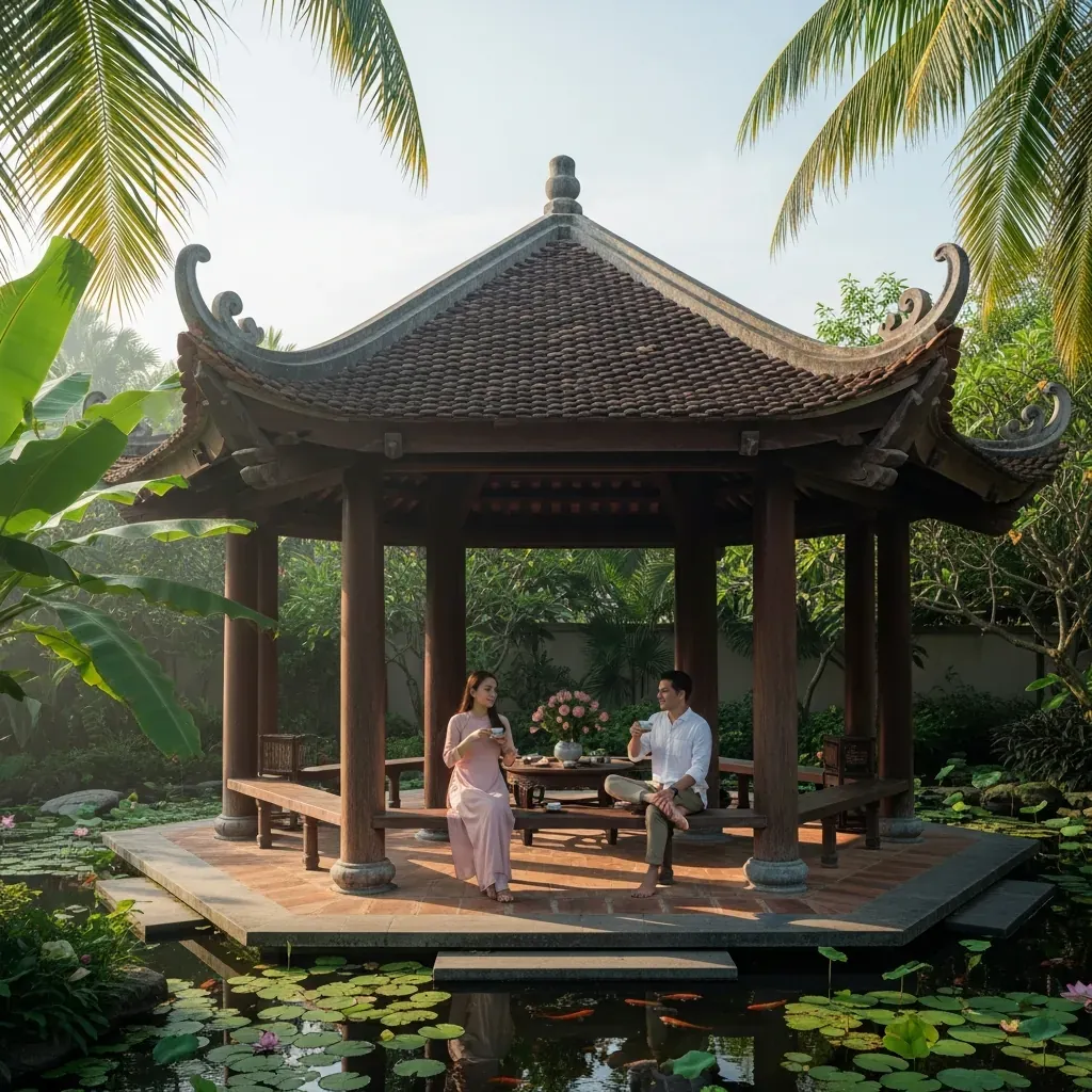 Một chòi lục giác bằng gỗ trong vườn nhiệt đới, bên cạnh hồ cá Koi, một cặp đôi người Việt đang thưởng trà.