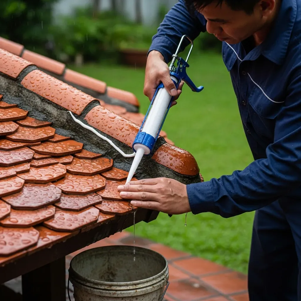 Người đàn ông đang trám keo chống thấm cho mái ngói bị dột.