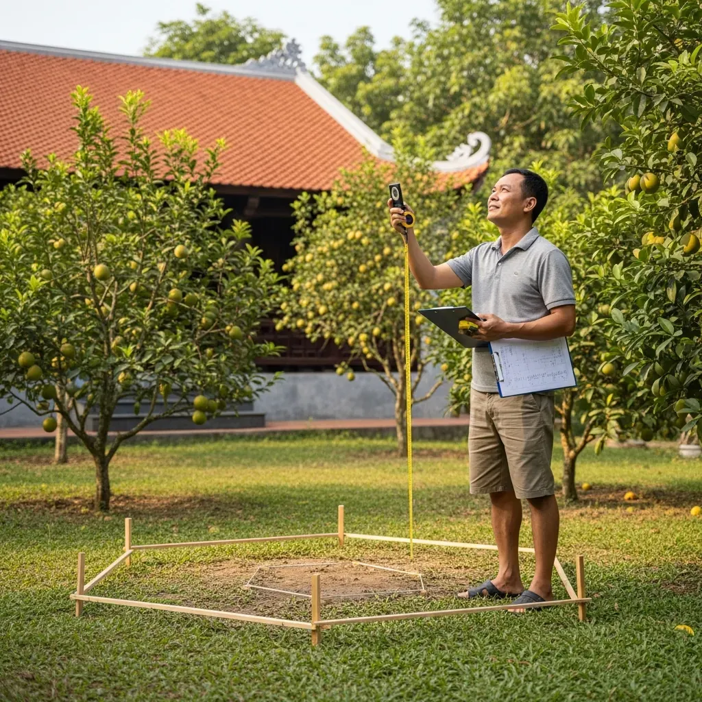 Người đàn ông Việt Nam đang khảo sát hướng nắng và vị trí đặt chòi lục giác trong sân vườn.