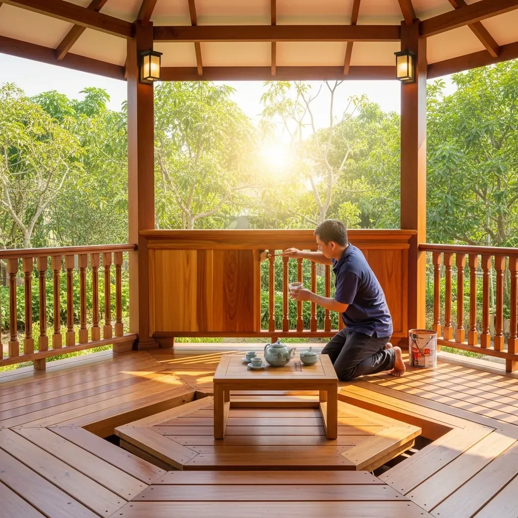 Người thợ hoàn thiện sơn phủ PU cho lan can gỗ trong chòi lục giác.