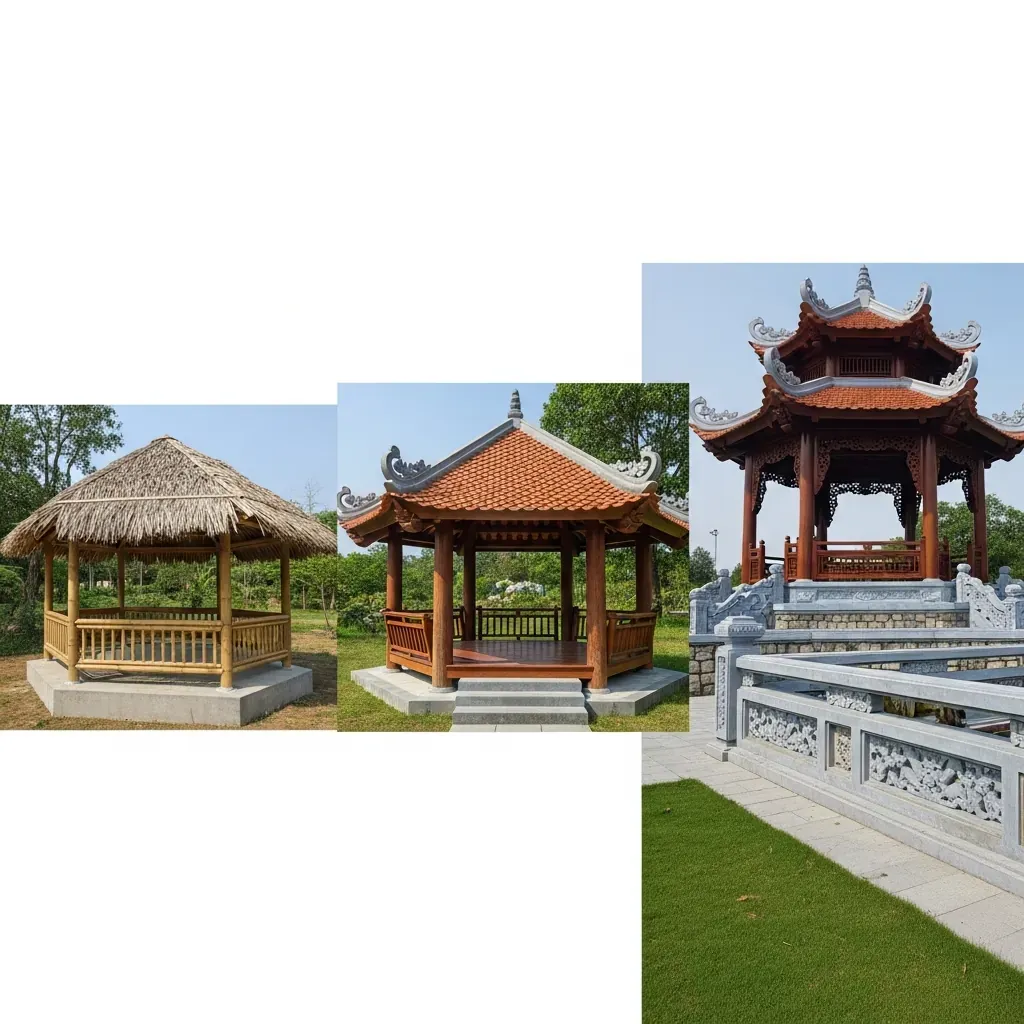 So sánh ba mức ngân sách xây chòi lục giác: tiết kiệm, tầm trung, cao cấp.