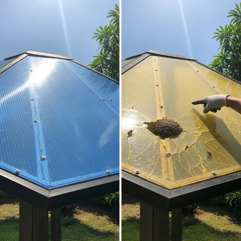 So sánh tấm polycarbonate lắp đúng mặt chống UV (trong suốt) và sai mặt (ố vàng, nứt).