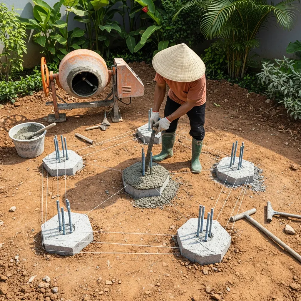 Thi công móng chòi lục giác: đổ bê tông và đánh dấu sáu vị trí cột.