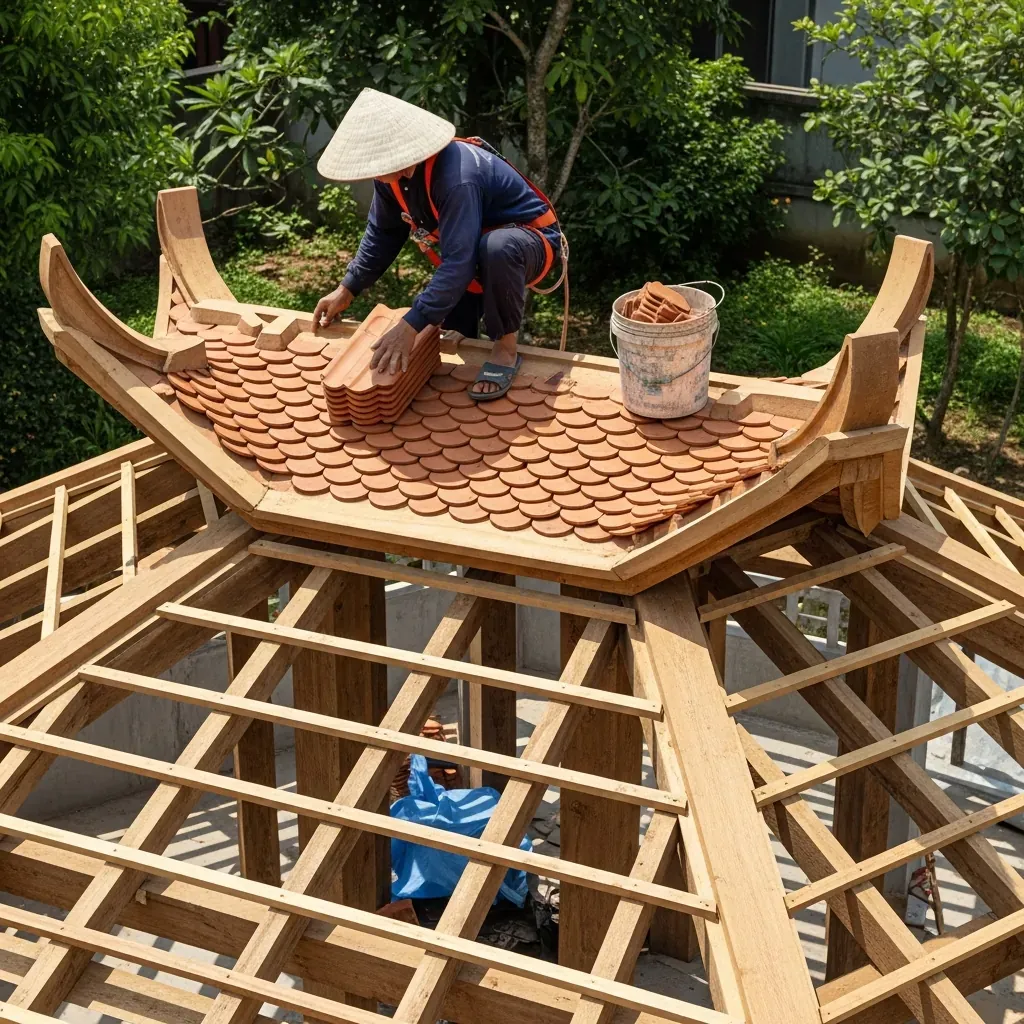 Thợ lợp ngói vảy cá trên mái chòi lục giác cong vút.
