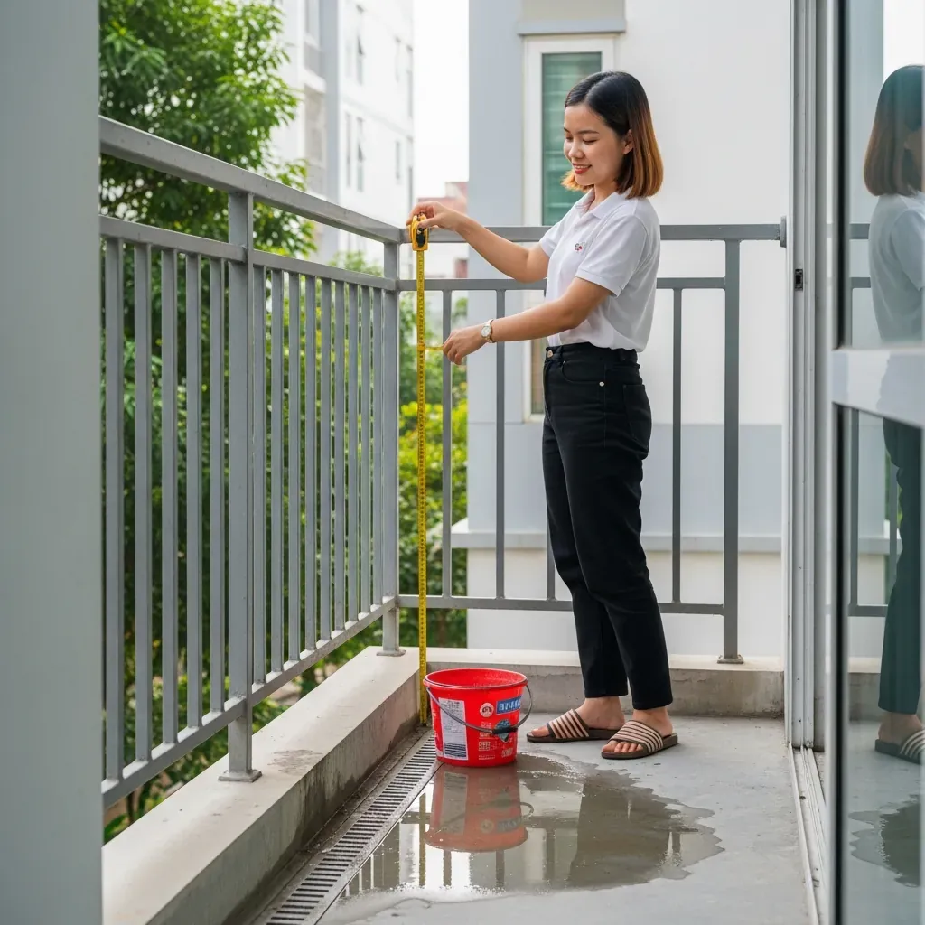 Người phụ nữ Việt Nam đo chiều cao lan can ban công. Dưới sàn có vũng nước nhỏ kiểm tra thoát nước.