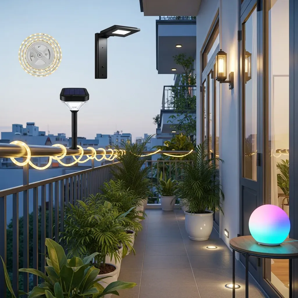 Ban công kiểu nhà ống Việt Nam với đa dạng đèn: dây LED, đèn NLMT cắm đất, đèn tường, đèn âm sàn và đèn thông minh