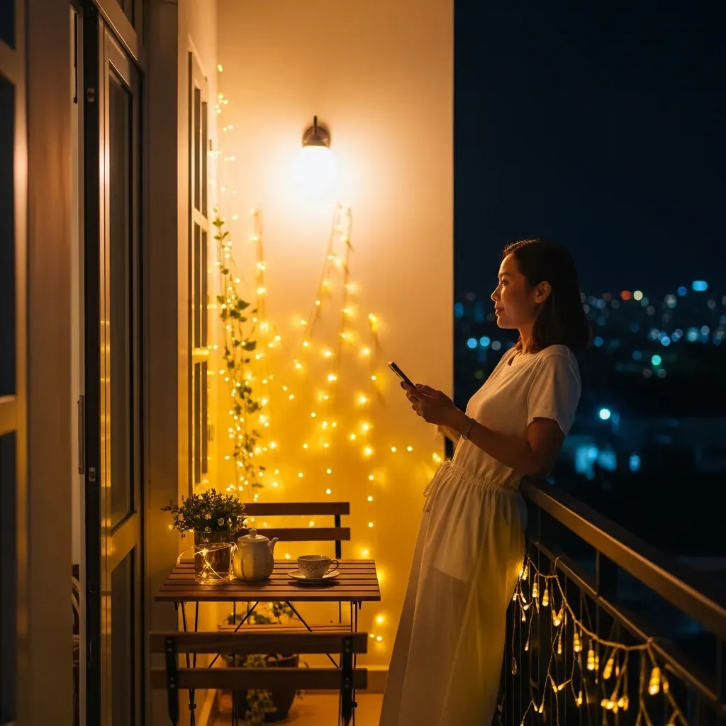Ban công về đêm lung linh với dây đèn LED vàng, bàn ghế nhỏ và người phụ nữ Việt thư giãn ngắm phố
