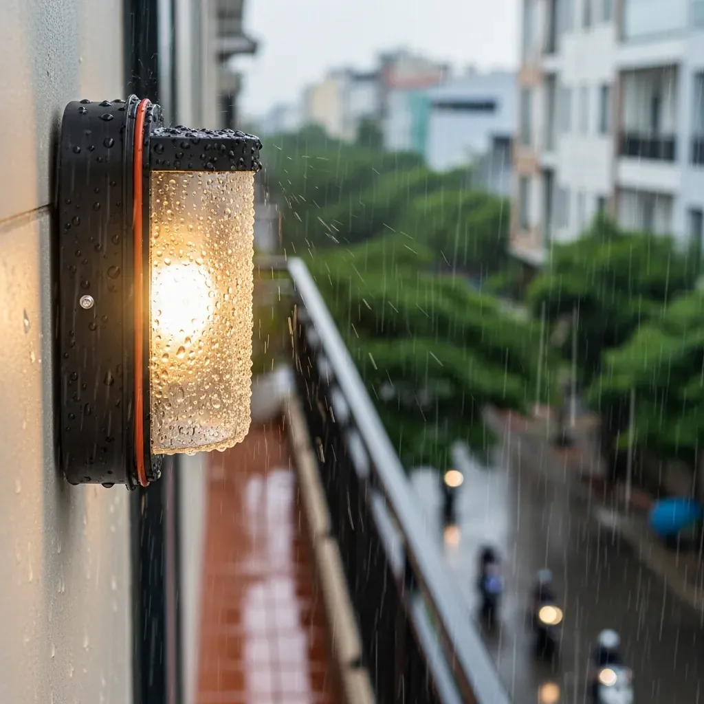 Cận cảnh đèn tường chống nước IP65 trên ban công chung cư Việt Nam dưới mưa, nước đọng thành giọt, ánh sáng ấm bên trong