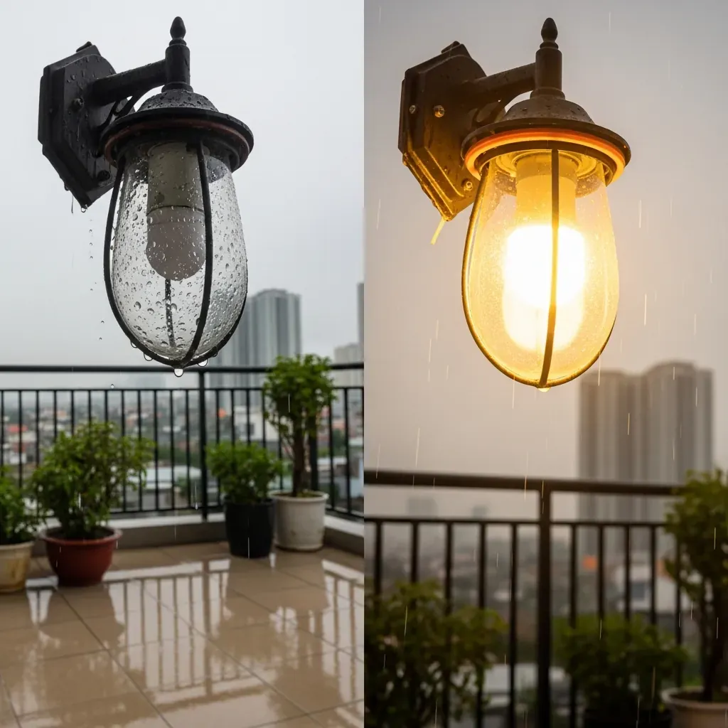 Hình ảnh so sánh đèn chống nước kém (trái) bị nước vào bên trong và đèn đạt chuẩn IP65 (phải) khô ráo, sáng ấm