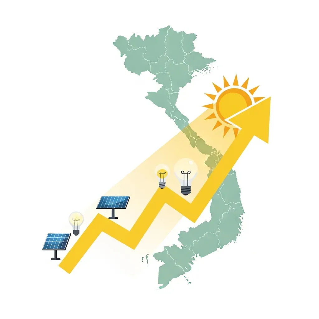 Hình minh họa xu hướng tăng trưởng đèn năng lượng mặt trời tại Việt Nam với biểu tượng mặt trời và mũi tên ánh sáng