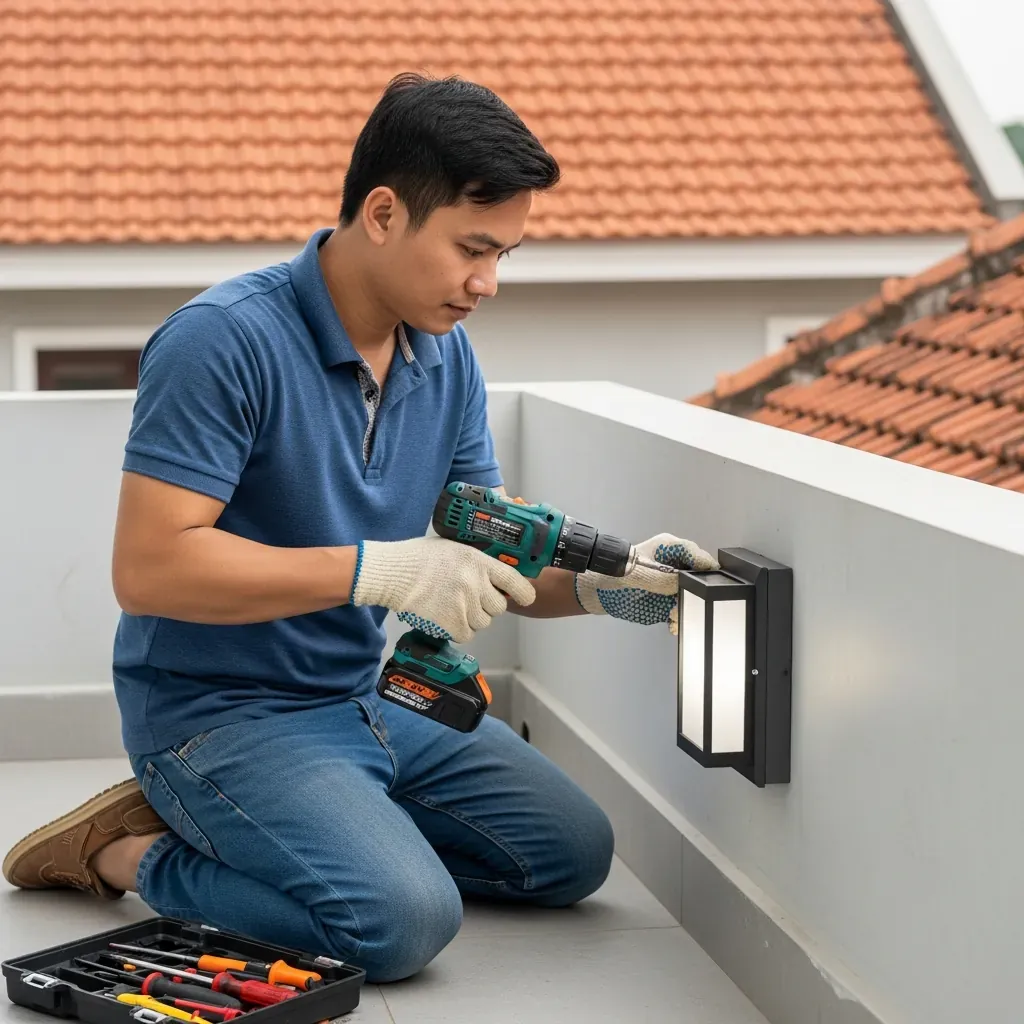 Người đàn ông Việt đang khoan tường lắp đèn tường ngoài trời trên ban công, dụng cụ bên cạnh