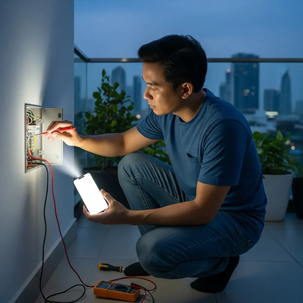 Người đàn ông Việt dùng đồng hồ đo điện kiểm tra đèn tường bị hỏng trên ban công lúc chạng vạng